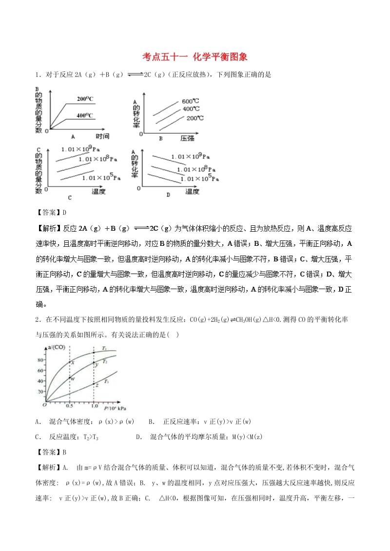 2019年高考化学 考点51 化学平衡图象必刷题.doc_第1页