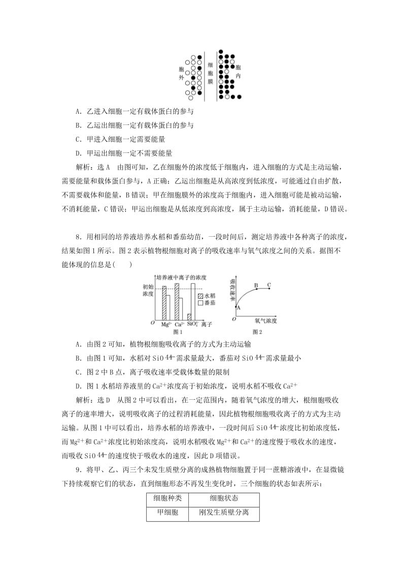 全国通用版2019版高考生物一轮复习第1部分分子与细胞第二单元细胞的结构和物质的输入与输出课时检测七物质跨膜运输的实例和方式.doc_第3页