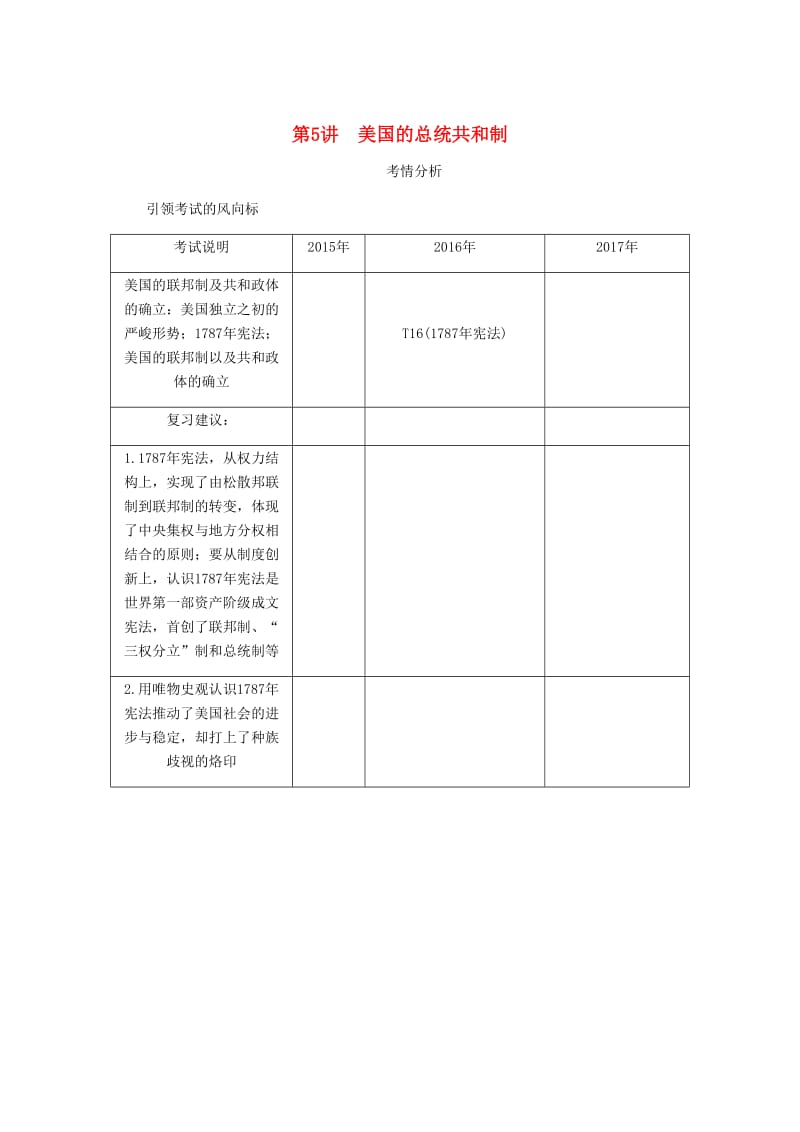 （江苏专版）2019年高考历史总复习 第三单元 近代西方资本主义政治制度的确立与发展 第5讲 美国的总统共和制学案.doc_第1页