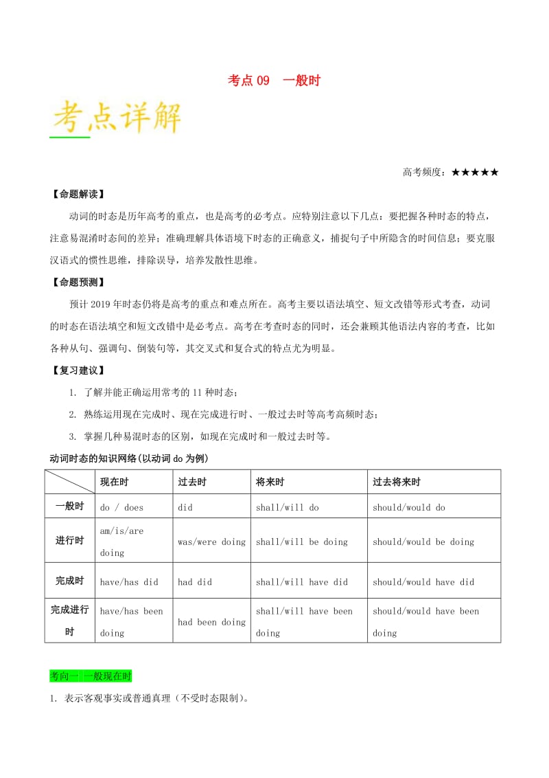 2019年高考英语 考点一遍过 考点09 一般时（含解析）.doc_第1页