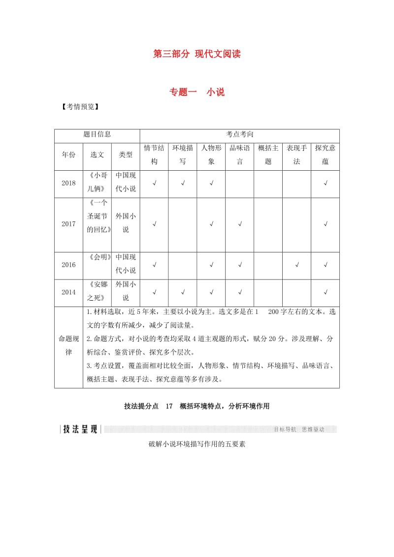 （江苏专用）2019高考语文二轮培优 第三部分 现代文阅读 专题一 小说 技法提分点17 概括环境特点分析环境作用.doc_第1页