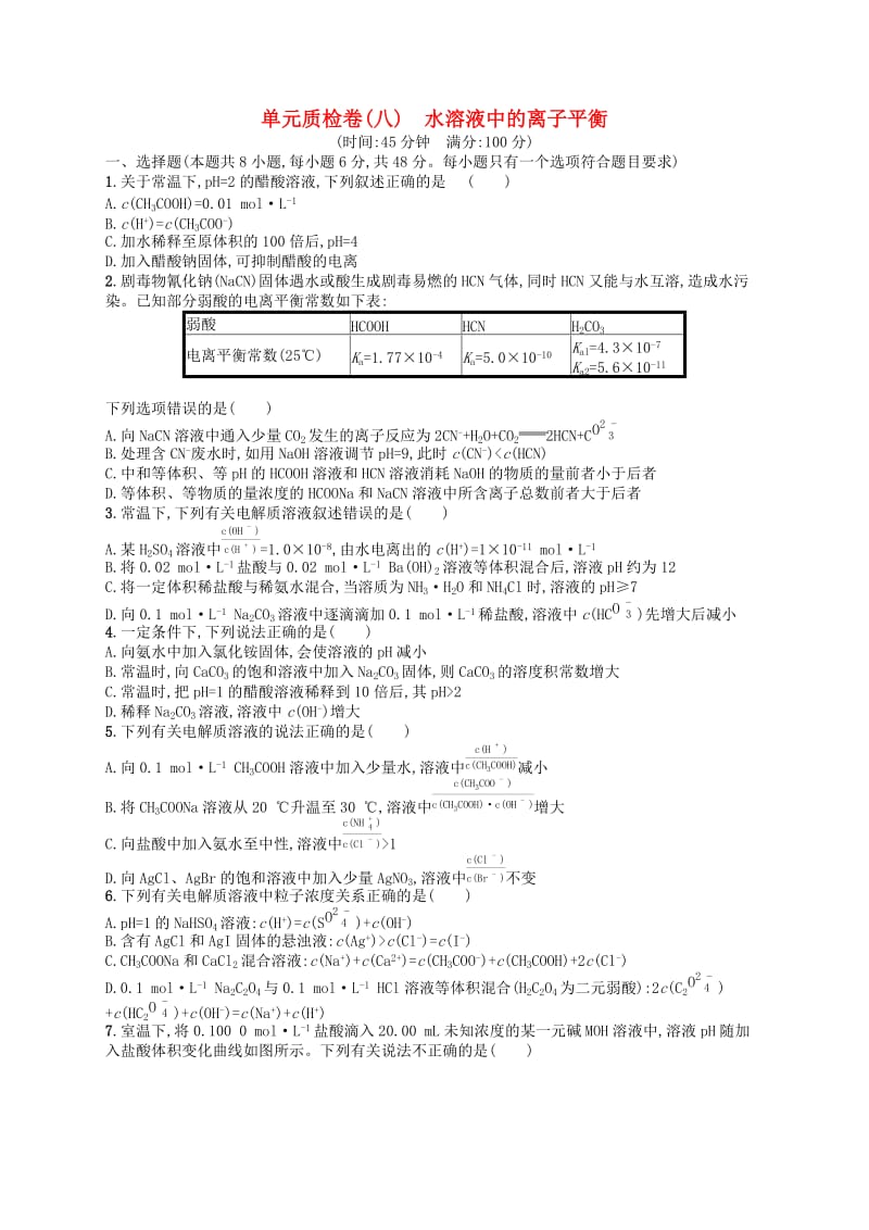 广西2019年高考化学一轮复习 单元质检卷8 水溶液中的离子平衡 新人教版.docx_第1页