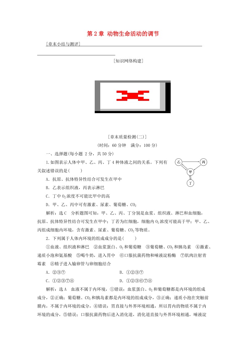 （浙江专版）2017-2018学年高中生物 第2章 动物生命活动的调节章末小结与测评 浙科版必修3.doc_第1页