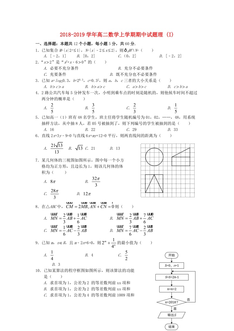 2018-2019学年高二数学上学期期中试题理 (I).doc_第1页