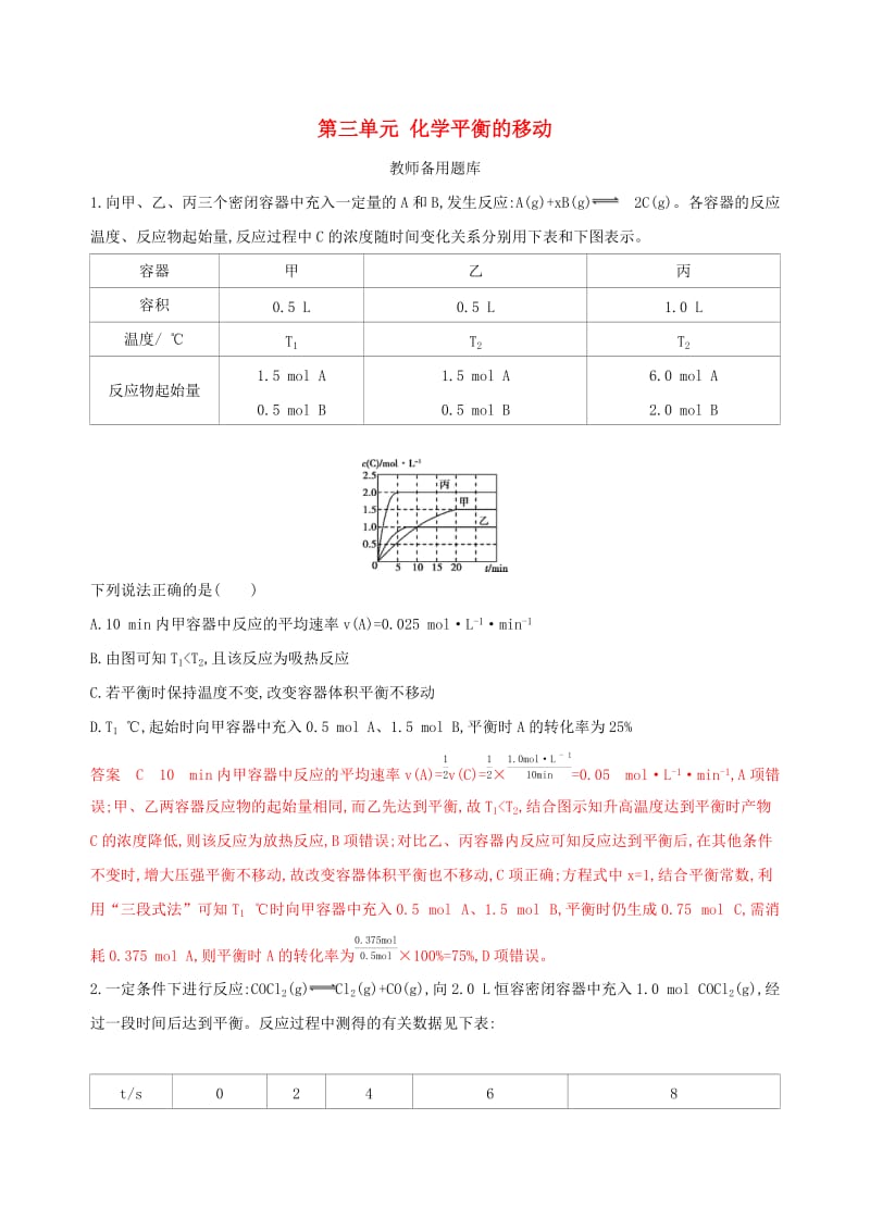 （浙江选考）2020版高考化学一轮复习 专题七 第三单元 化学平衡的移动教师备用题库.docx_第1页