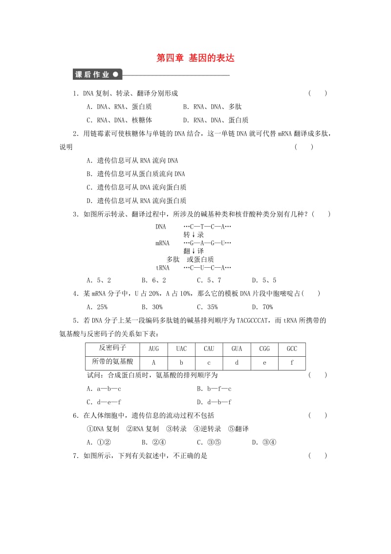 山东省沂水县高中生物 第四章 基因的表达章末复习测试题新人教版必修2.doc_第1页