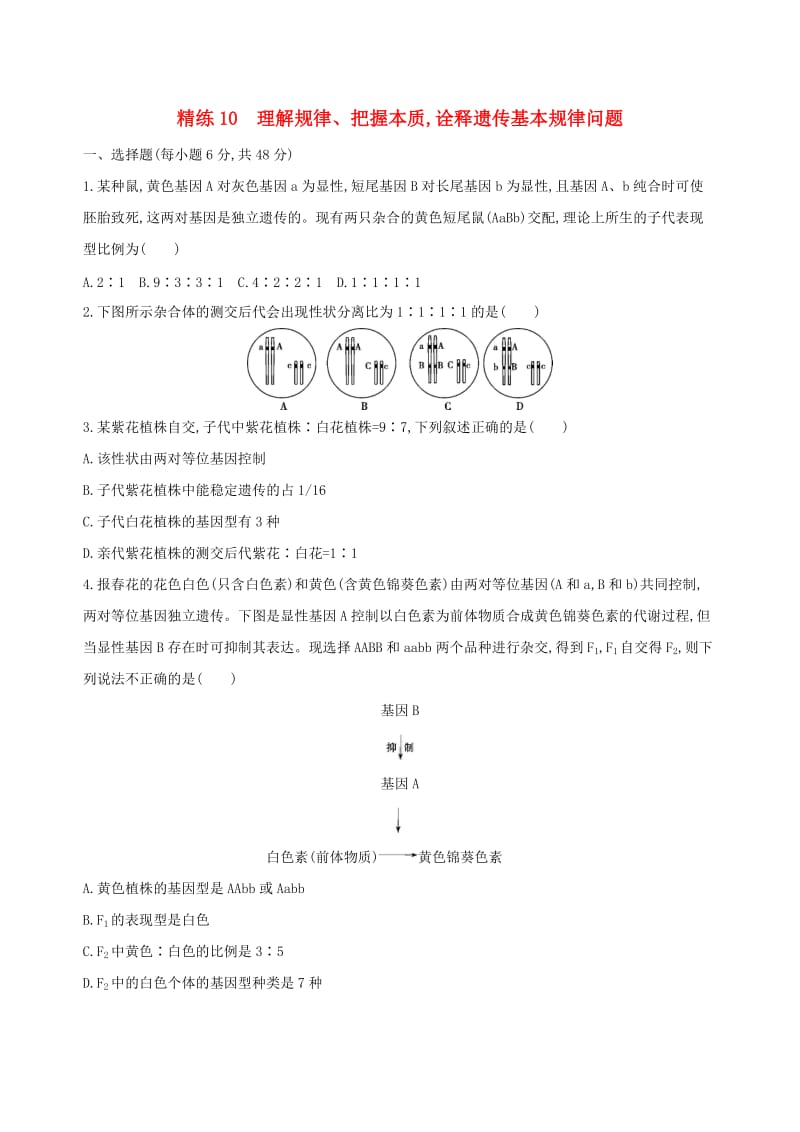 （北京专用）2019版高考生物一轮复习 精练10 理解规律、把握本质诠释遗传基本规律问题.doc_第1页