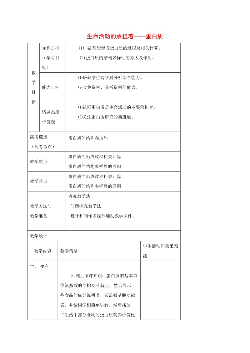 内蒙古开鲁县高中生物 第二章 组成细胞的分子 2.2 生命活动的承担着——蛋白质教案2 新人教版必修1.doc_第1页