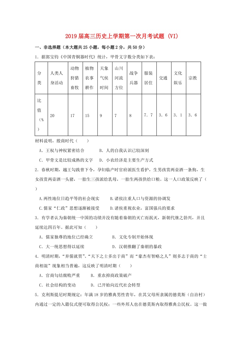 2019届高三历史上学期第一次月考试题 (VI).doc_第1页