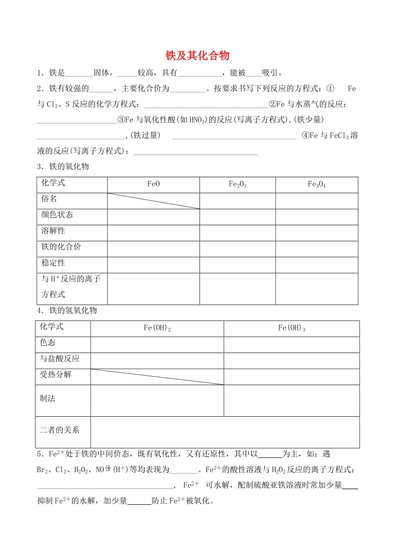 河北省石家庄市2018届高考化学一轮复习 专题 铁及其化合物学案.doc_第1页