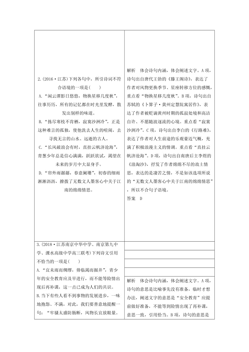 （江苏专用）2019高考语文二轮培优 第一部分 语言文字运用 技法提分点9 理解诗句内涵破解诗文结合.doc_第2页