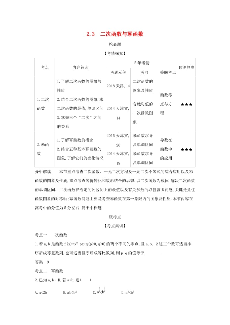 （天津专用）2020版高考数学大一轮复习 2.3 二次函数与幂函数精练.docx_第1页