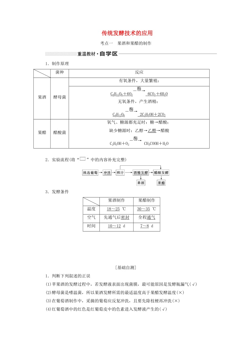 （通用版）2020版高考生物一轮复习 第十二单元 第一讲 传统发酵技术的应用学案（含解析）.doc_第1页