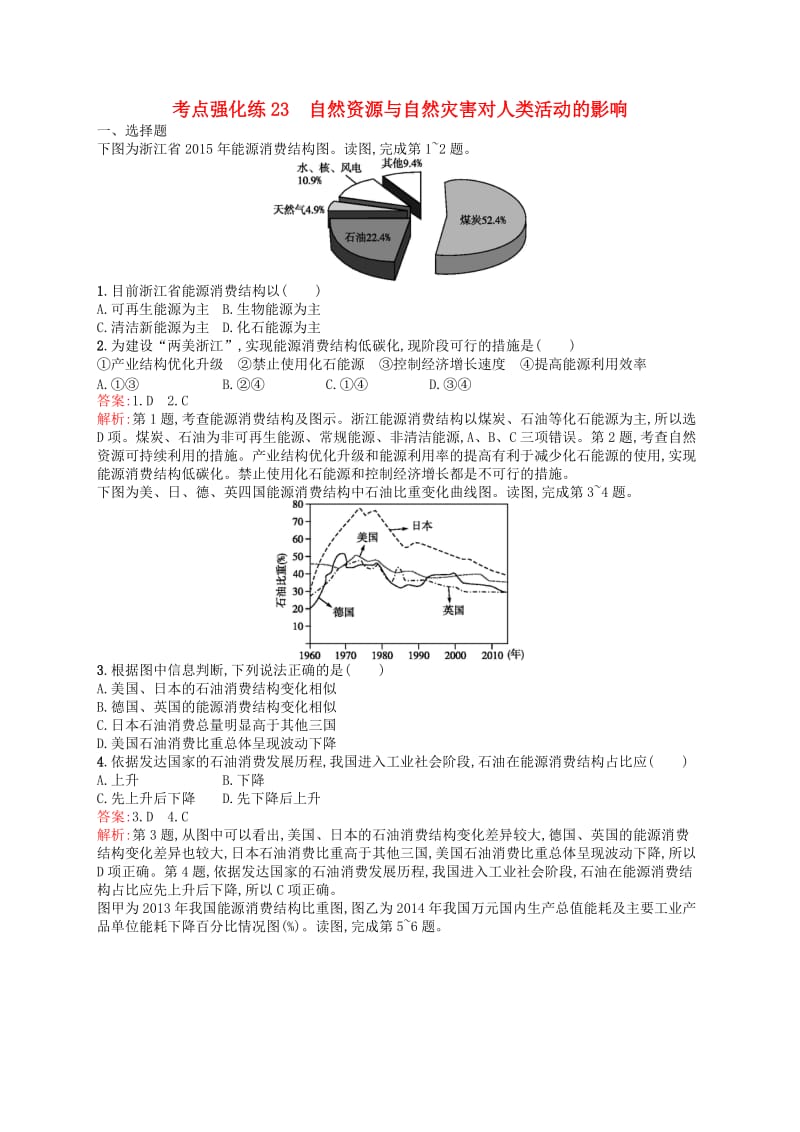 （浙江选考Ⅰ）2019高考地理二轮复习 考点强化练23 自然资源与自然灾害对人类活动的影响.docx_第1页