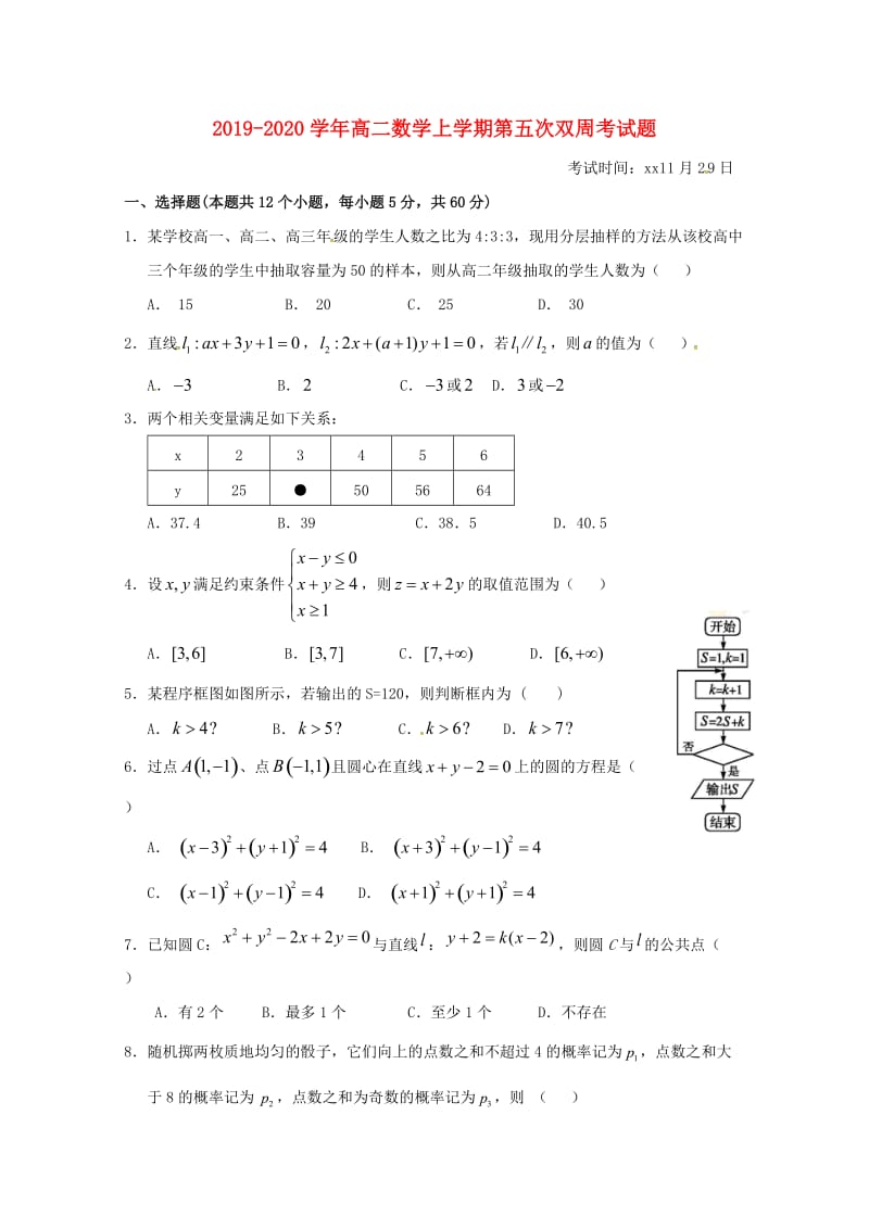 2019-2020学年高二数学上学期第五次双周考试题.doc_第1页