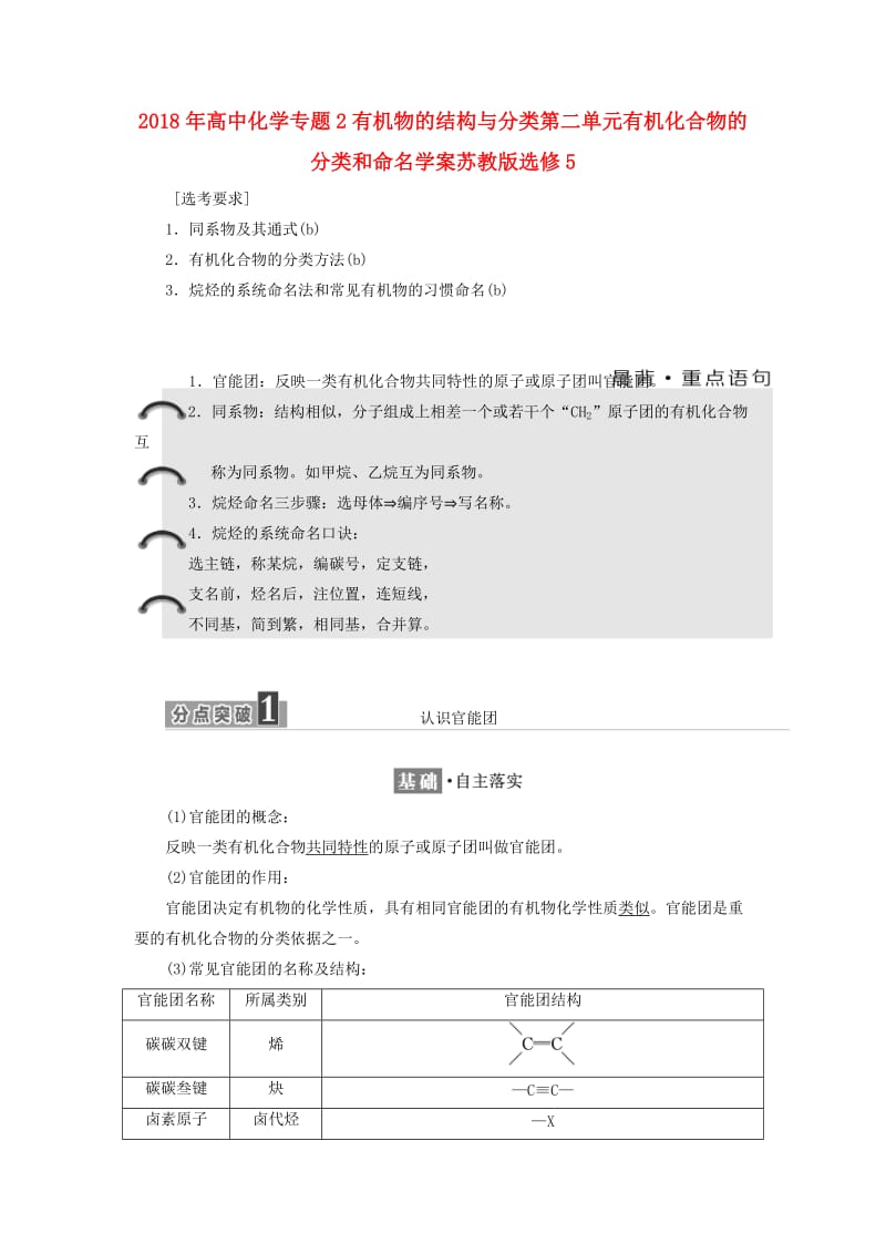 2018年高中化学专题2有机物的结构与分类第二单元有机化合物的分类和命名学案苏教版选修5 .doc_第1页