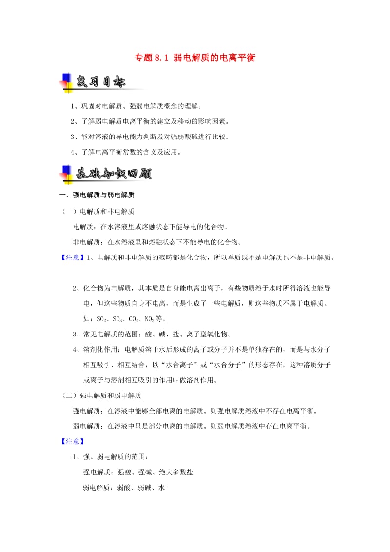 2019年高考化学一轮复习 专题8.1 弱电解质的电离平衡（讲）.doc_第1页