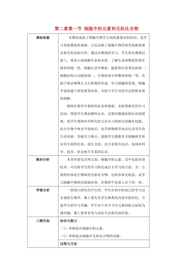 陕西省石泉县高中生物 第二章 组成细胞的分子 2.1 细胞中的元素和无机化合物教案 新人教版必修1.doc_第1页