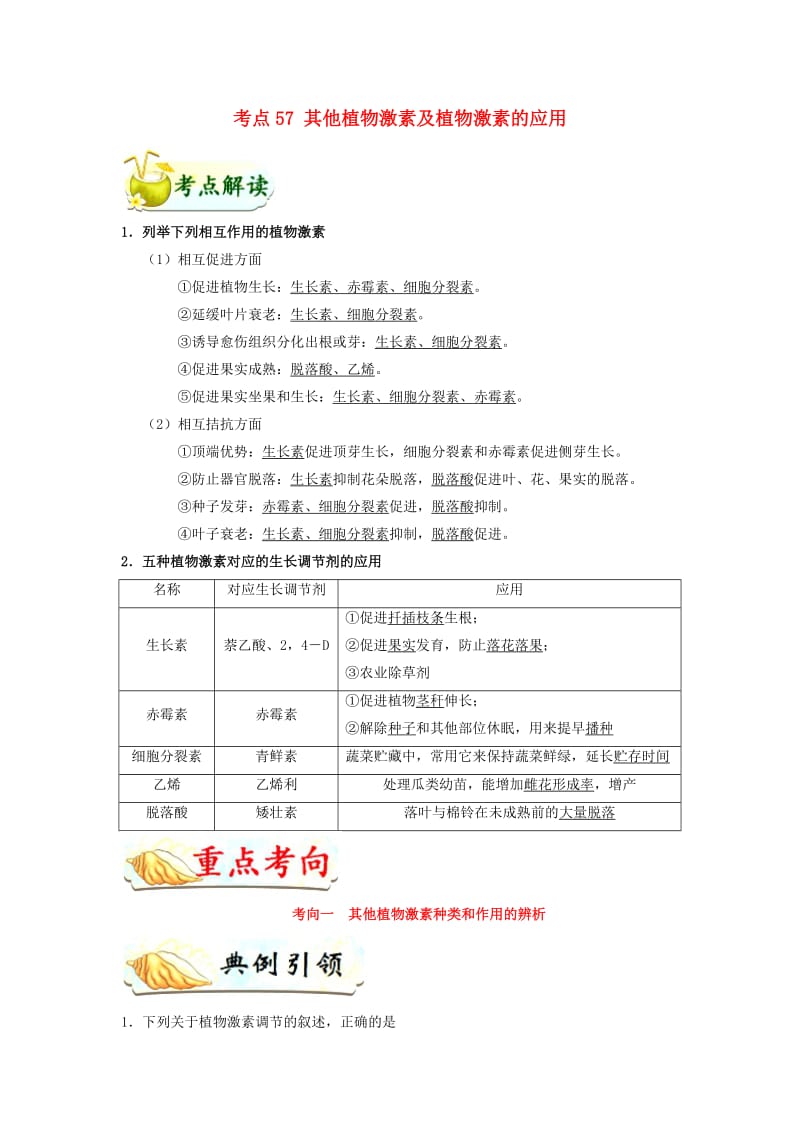 2019年高考生物 考点一遍过 考点57 其他植物激素及植物激素的应用（含解析）.doc_第1页