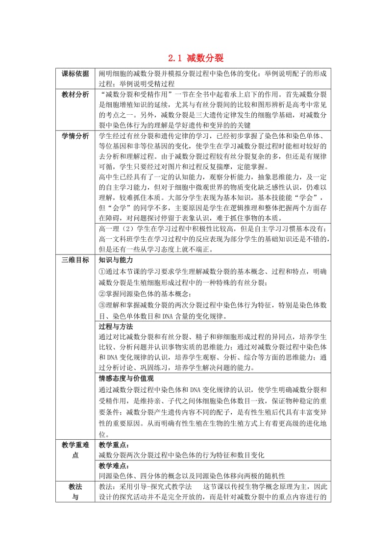 陕西省石泉县高中生物 第二章 减数分裂和有性生殖 2.1 减数分裂教案 苏教版必修2.doc_第1页