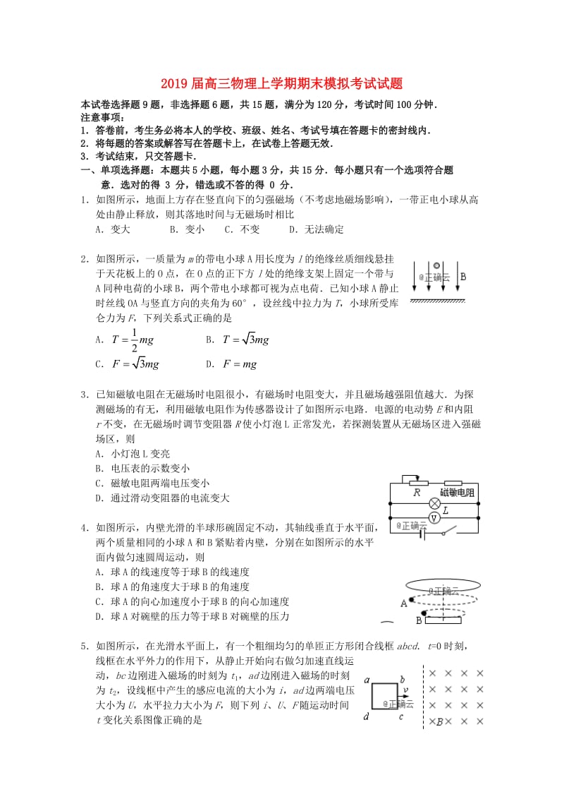 2019届高三物理上学期期末模拟考试试题.doc_第1页