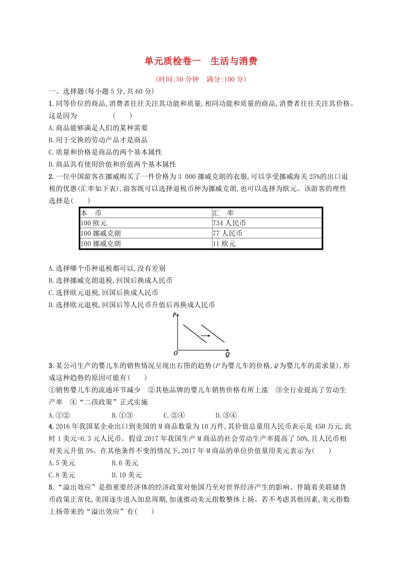 （福建专用）2019高考政治一轮复习 单元质检卷一 生活与消费 新人教版.doc_第1页