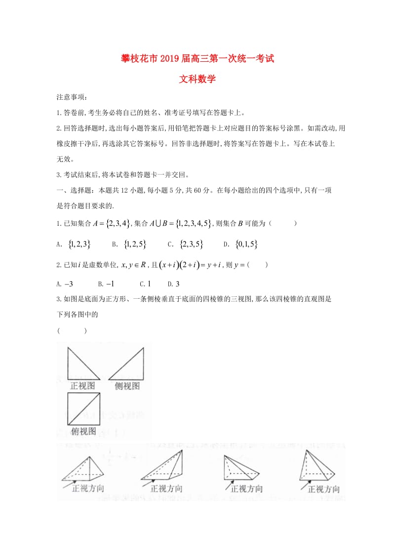 四川省攀枝花市2019届高三数学上学期第一次统一考试试题 文.doc_第1页