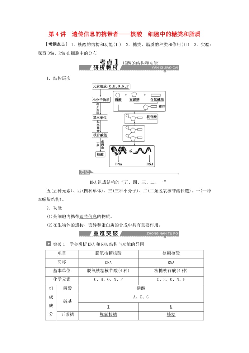 2019高考生物一轮复习 第04讲 遗传信息的携带者——核酸细胞中的糖类和脂质教案 新人教版必修1.doc_第1页