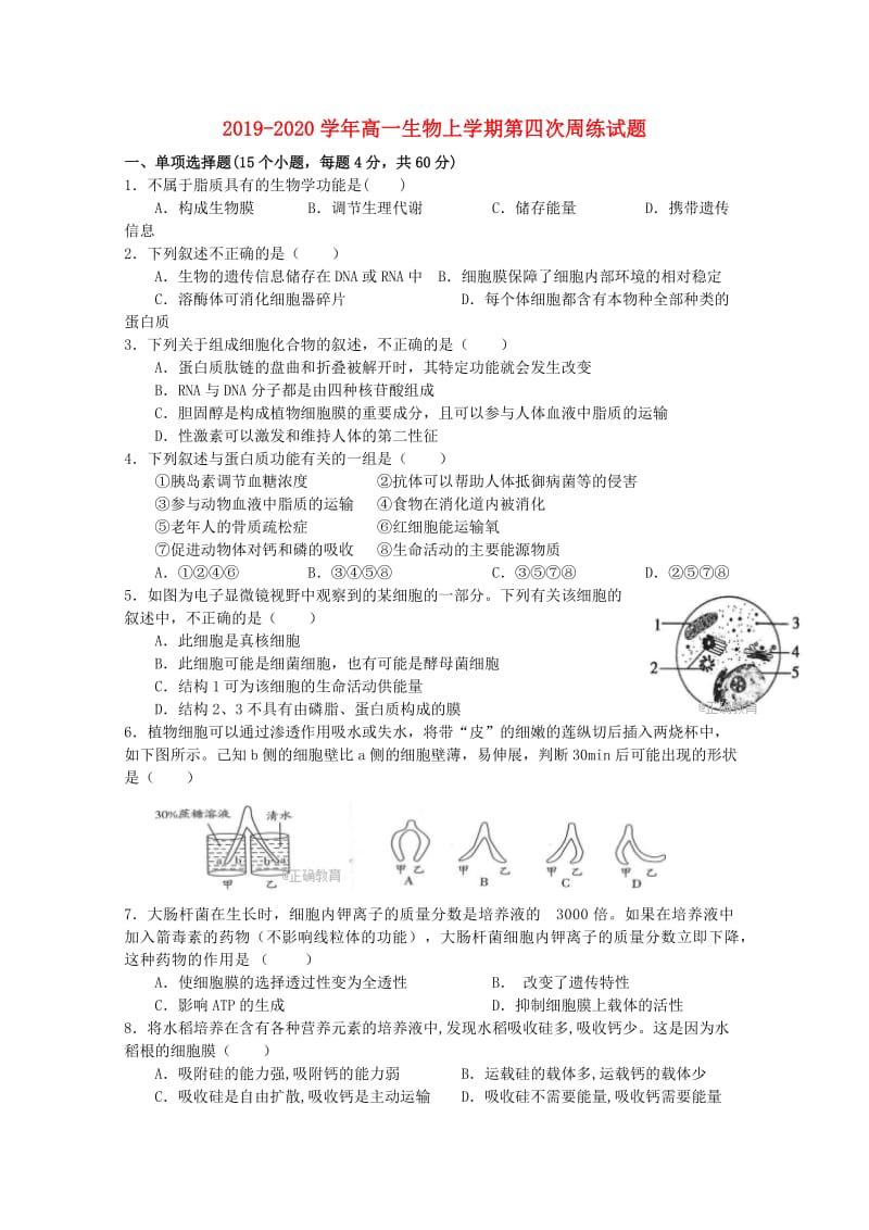 2019-2020学年高一生物上学期第四次周练试题.doc_第1页