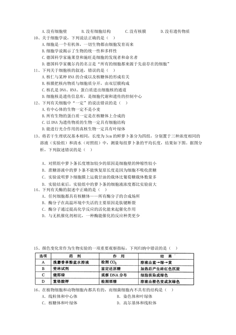 2018-2019学年高一生物下学期入学考试试题 (I).doc_第2页