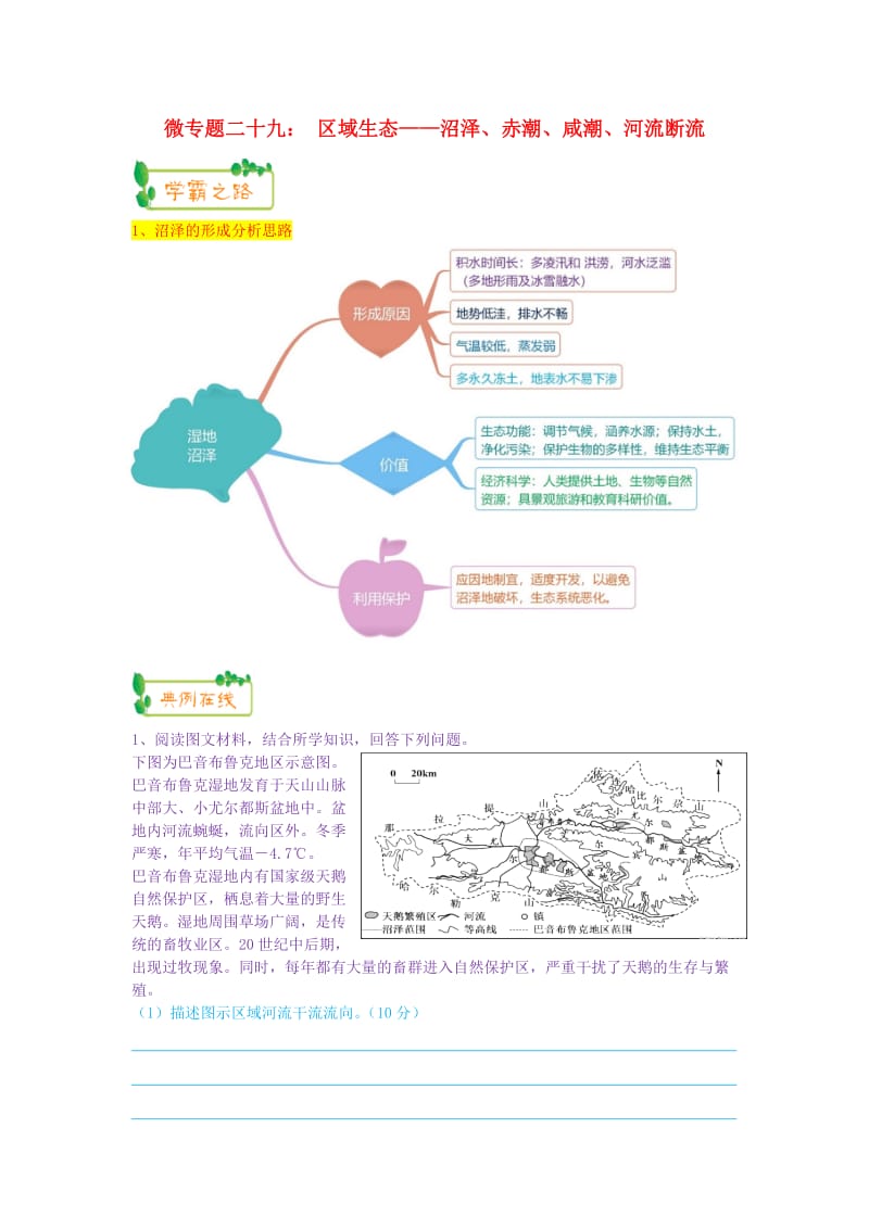 2019高考地理第一轮复习 专题8 微专题二十九 区域生态——沼泽、赤潮、咸潮、河流断流思维导图学案.doc_第1页