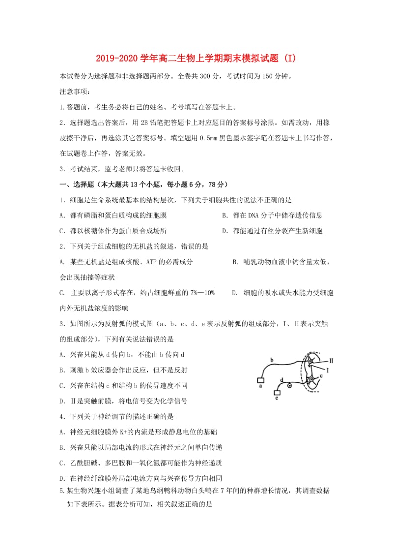 2019-2020学年高二生物上学期期末模拟试题 (I).doc_第1页