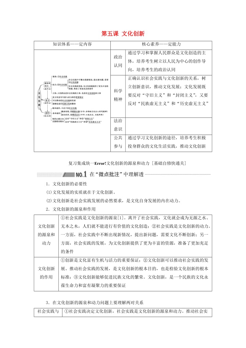 （通用版 ）2020版高考政治新设计一轮复习 第三模块 文化生活 第二单元 文化传承与创新 第五课 文化创新讲义.doc_第1页