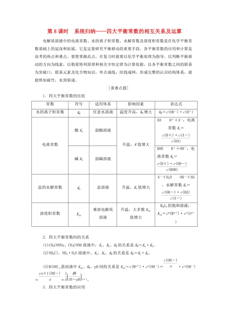 通用版2020高考化学一轮复习第八章水溶液中的离子平衡8.8系统归纳四大平衡常数的相互关系及运算学案含解析.doc_第1页