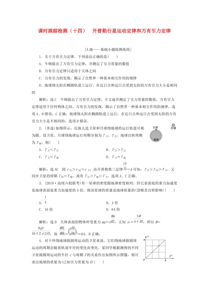 （新课改省份专用）2020版高考物理一轮复习 课时跟踪检测（十四）开普勒行星运动定律和万有引力定律（含解析）.doc_第1页