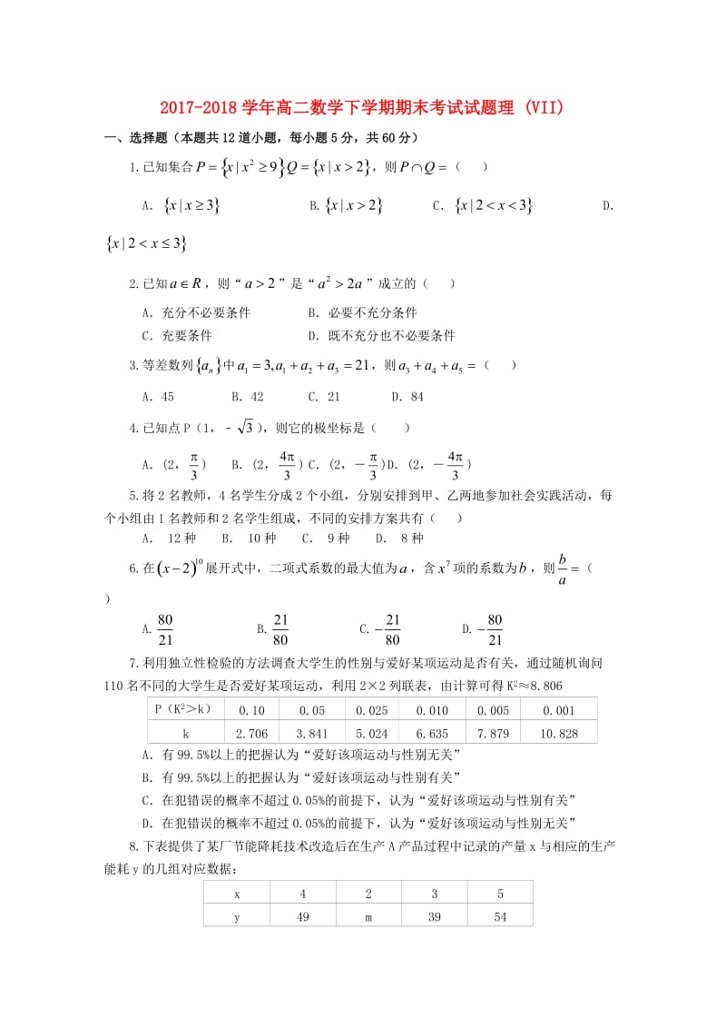 2017-2018学年高二数学下学期期末考试试题理 (VII).doc_第1页