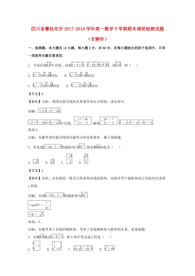 四川省攀枝花市2017-2018学年高一数学下学期期末调研检测试题（含解析）.doc_第1页