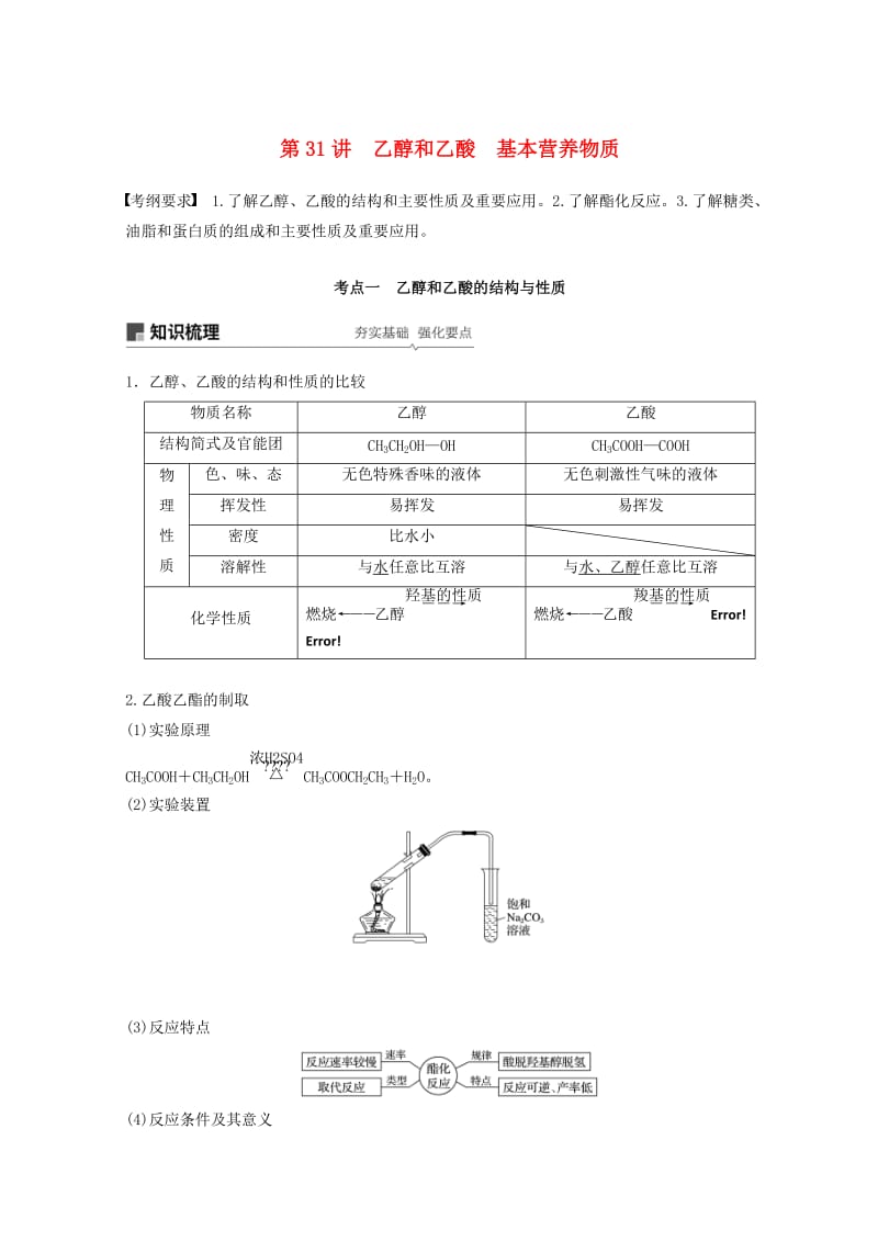 2019年高考化学一轮综合复习 第九章 有机化合物 第31讲 乙醇和乙酸 基本营养物质练习.doc_第1页