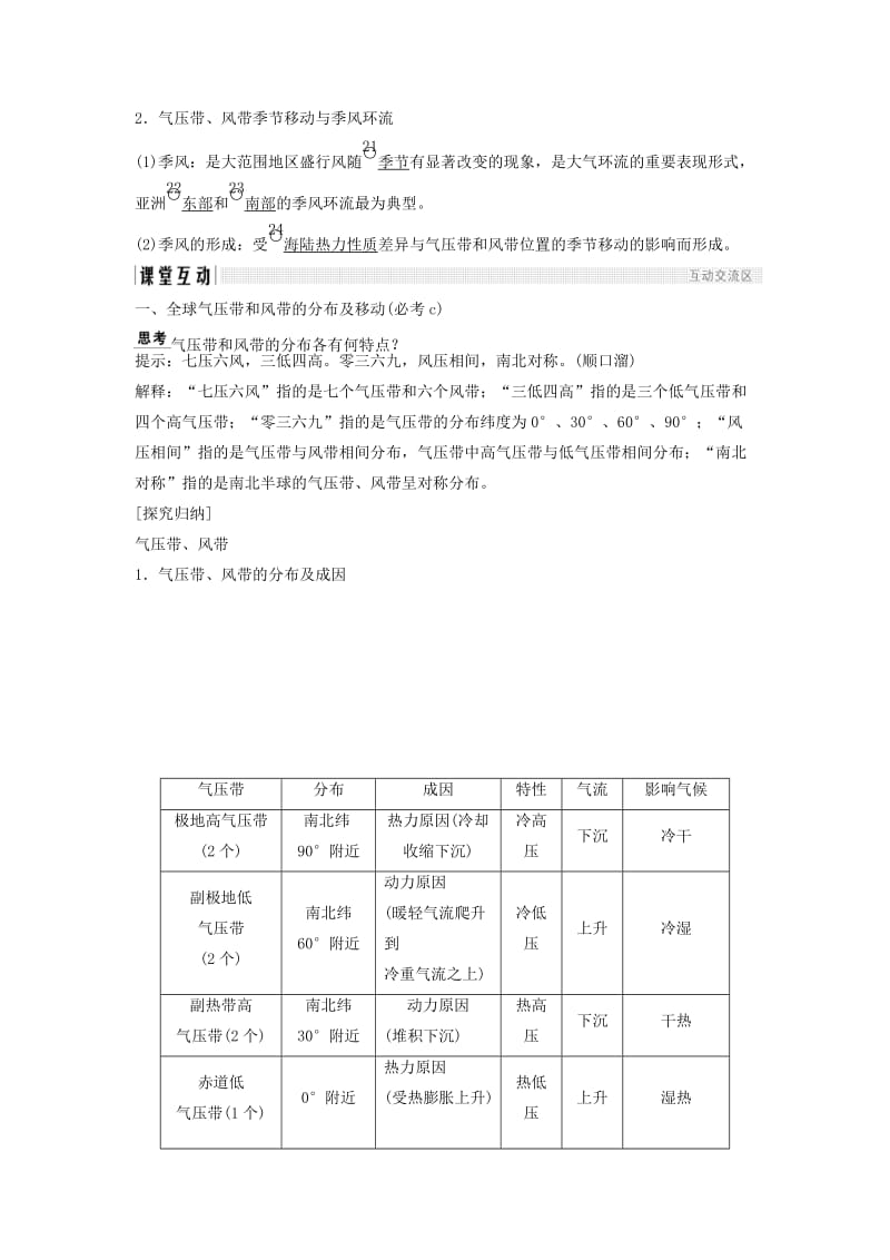 浙江专版2018-2019版高中地理第二章自然环境中的物质运动和能量交换2.3.3全球气压带风带的分布和影响学案湘教版必修1 .doc_第2页