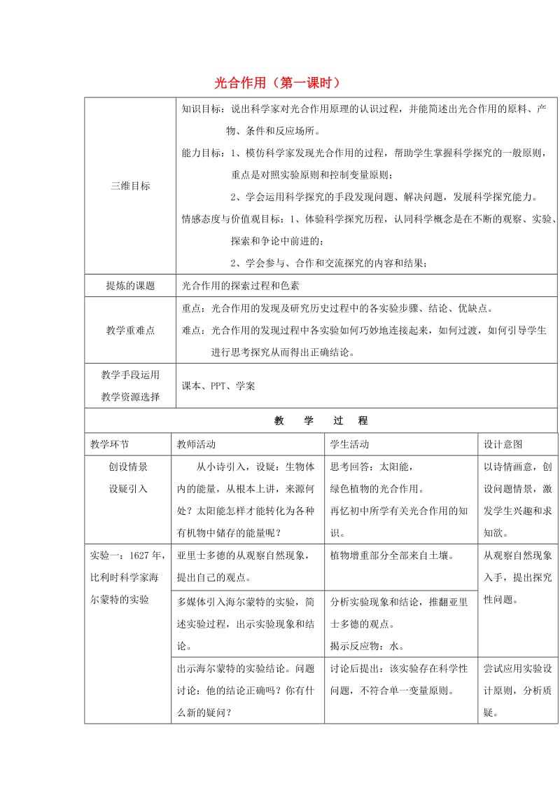 陕西省安康市石泉县高中生物 第四章 光合作用和细胞呼吸 4.2 光合作用（第1课时）教案 苏教版必修1.doc_第1页