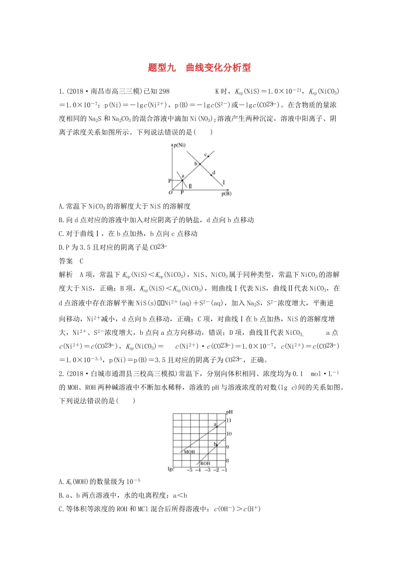 全国通用版2019高考化学总复习优编增分练：选择题热点题型特训题型九曲线变化分析型.doc_第1页