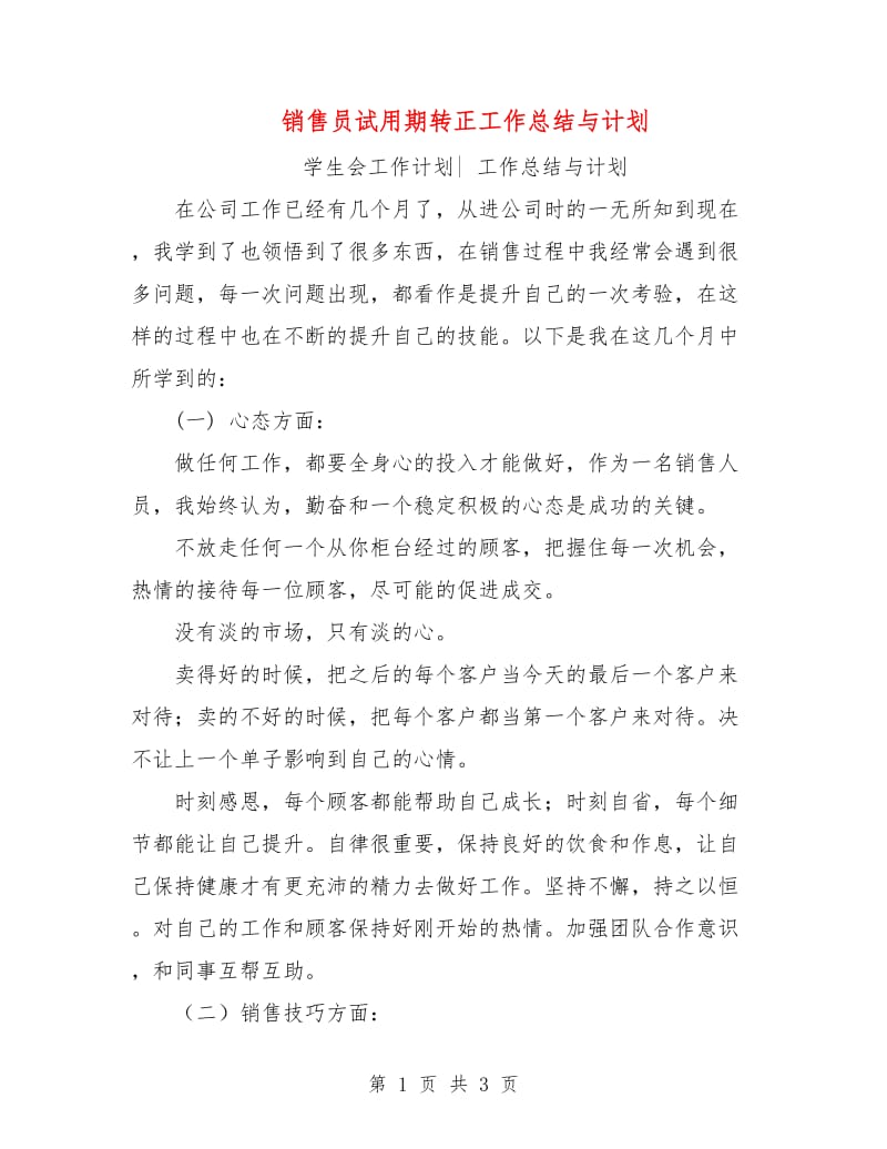 销售员试用期转正工作总结与计划.doc_第1页