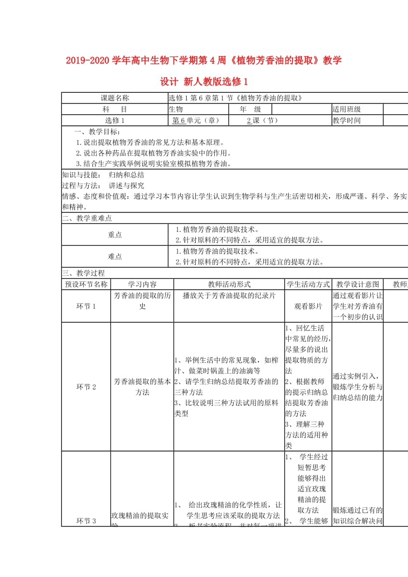 2019-2020学年高中生物下学期第4周《植物芳香油的提取》教学设计 新人教版选修1 .doc_第1页