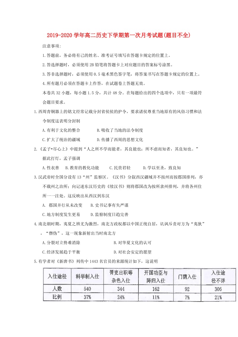 2019-2020学年高二历史下学期第一次月考试题(题目不全).doc_第1页