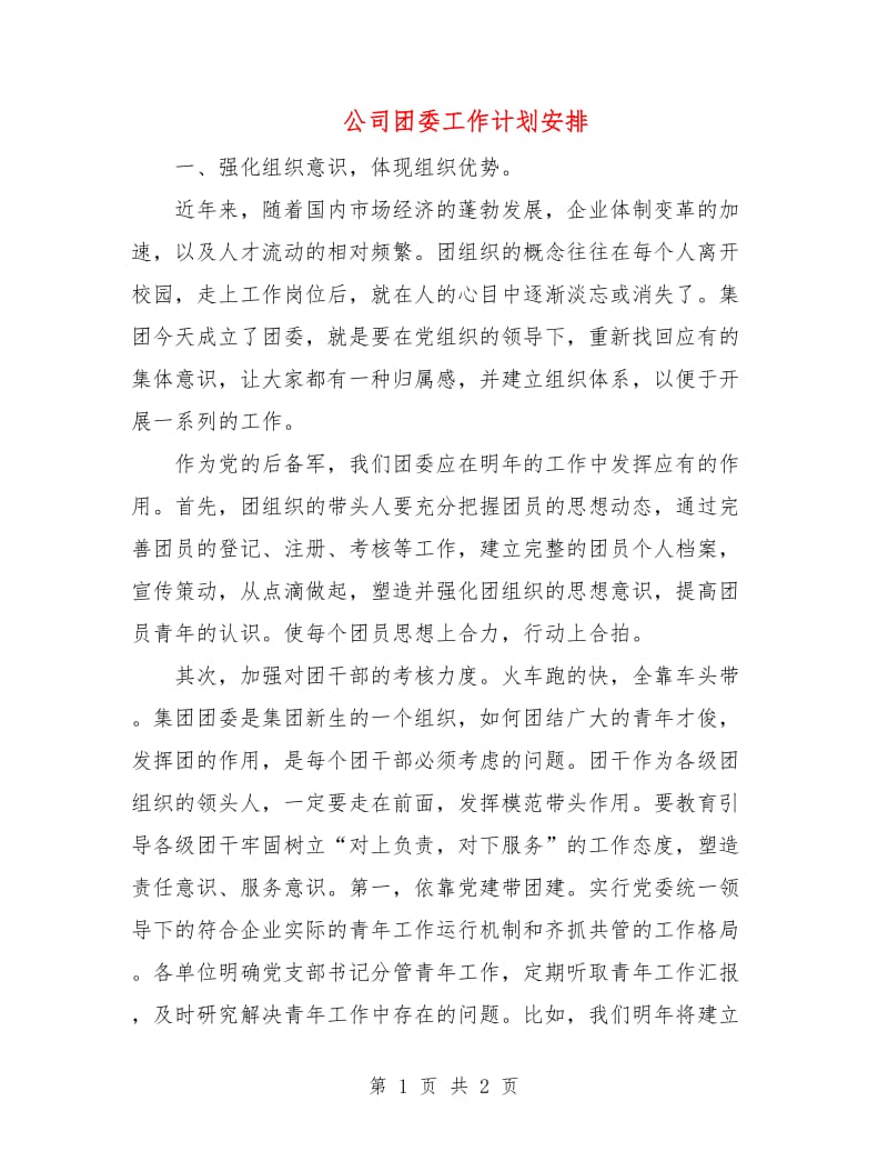 公司团委工作计划安排.doc_第1页