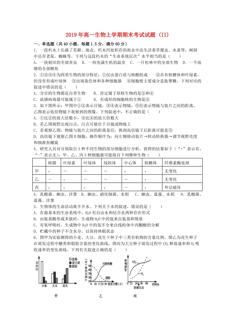 2019年高一生物上学期期末考试试题 (II).doc_第1页