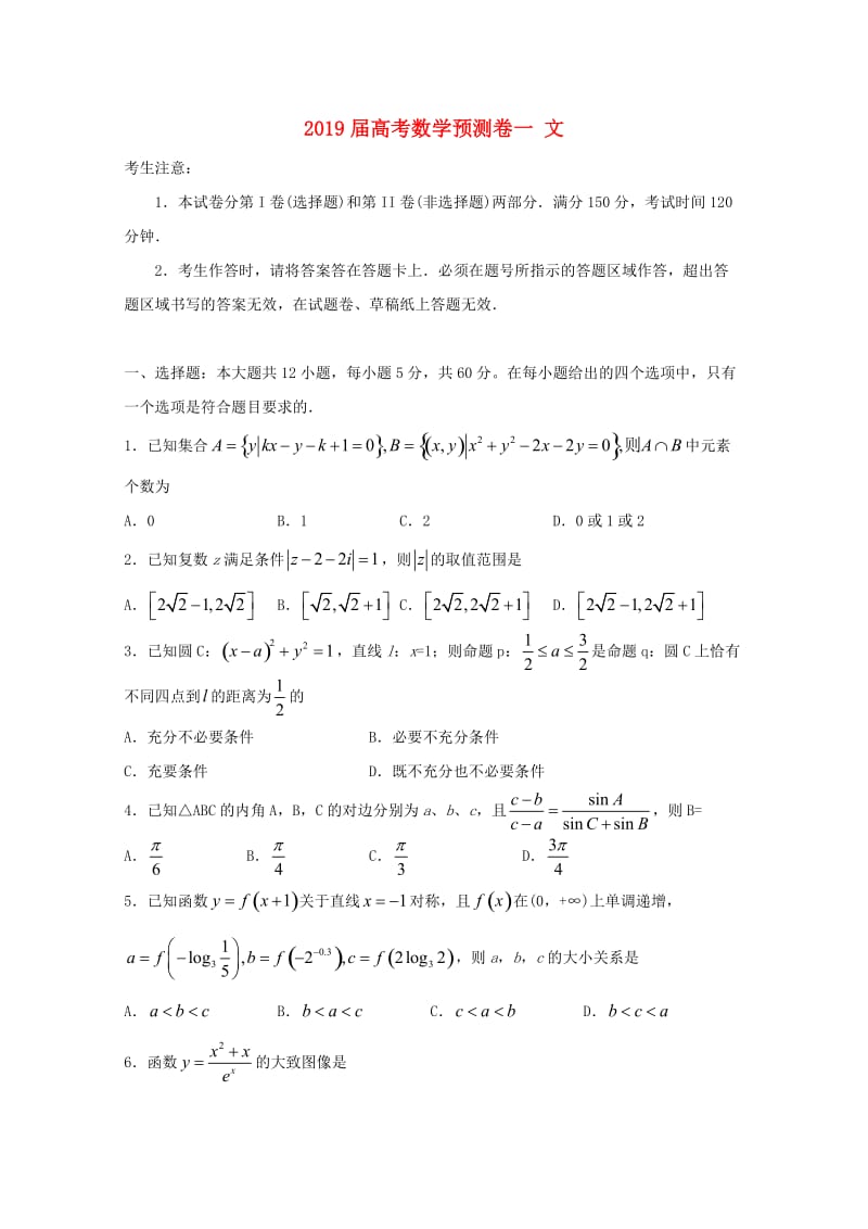 2019届高考数学预测卷一 文.doc_第1页