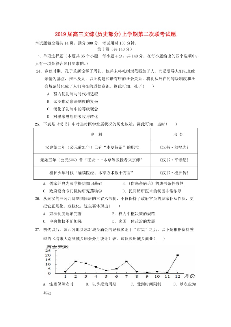 2019届高三文综(历史部分)上学期第二次联考试题.doc_第1页