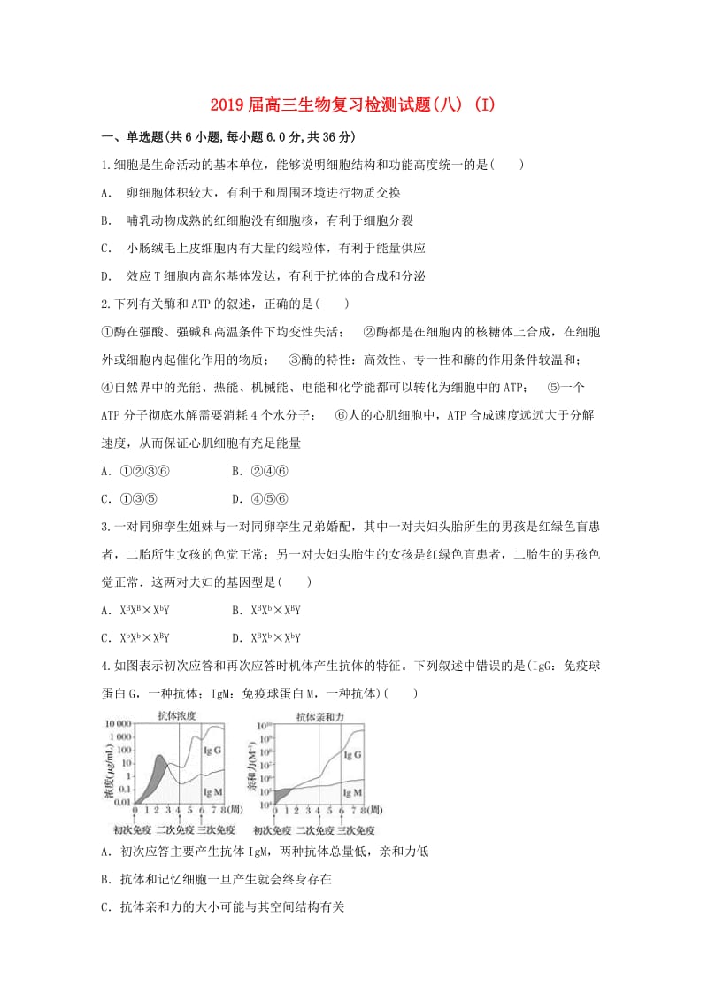 2019届高三生物复习检测试题(八) (I).doc_第1页