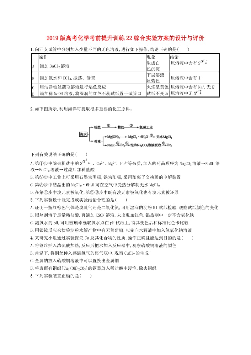 2019版高考化学考前提升训练22综合实验方案的设计与评价.doc_第1页